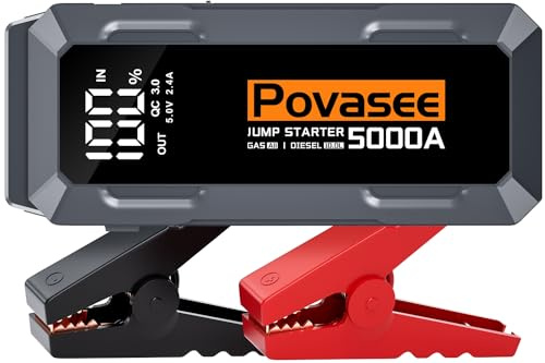 Povasee Starthilfe Powerbank, 5000A Starthilfe Auto (bis zu Alle Benzin/10L Diesel) mit 3 Zoll LCD-Display, Booster mit 2 USB-Ausgängen, Starthilfekabel und LED, Jump Starter für 12V Fahrzeuge