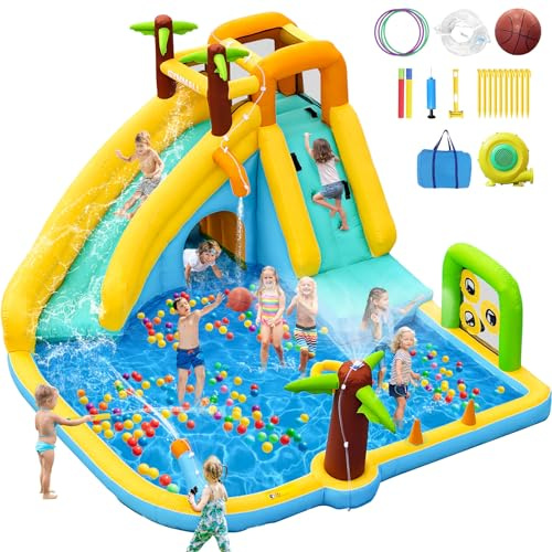 GYMMALL Aufblasbare Wasserrutsche Hüpfburg mit 450W Gebläse 10-in-1 Wasserspielpark für Kinder drinnen und draußen mit Sprungbereich, Planschbecken, Wassersprühern und Rutsche