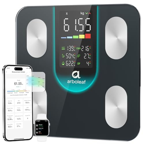 arboleaf Körperfettwaage, Waage mit Körperfett und Muskelmasse mit Großem LED-Display, Körperanalysewaage mit BIA Technologie, hochpräzise Körperwaage Bluetooth bis 180kg/400lbs-CS20L
