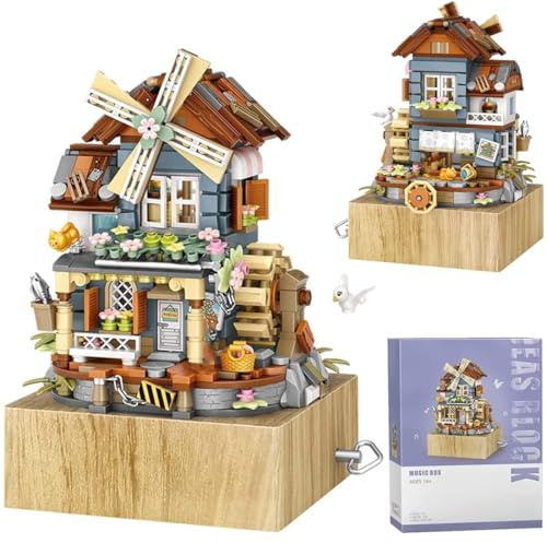 Windmühle Musikbox Bausteine Mit Minifigure, 799 Klemmbausteine Street View Architektur Modellbausatz, Technik Spieluhr des Windmühlenhauses Bauset Nicht Kompatibel mit Großen Marken