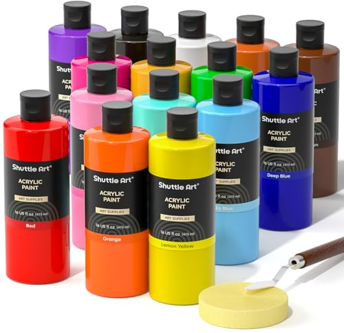 Shuttle Art Acrylfarben Set, 15 Acryl Farben in Flaschen (je 473ml, 16oz) | Hochpigmentiert, ungiftig, wasserfeste Acrylfarbe, Acrylic Paint für Künstler, Erwachsene, Anfänger auf Stein, Leinwand, Holz