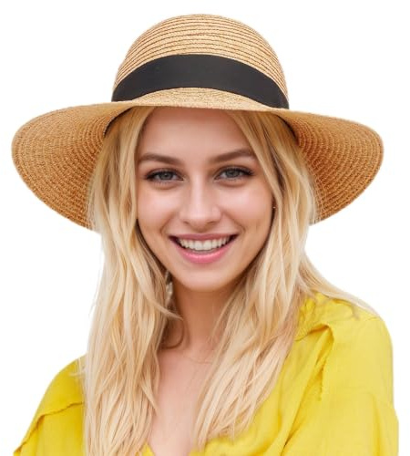 SEFIRST Damen Sonnenhut Strohhut Strandhut Faltbar Sommerhut UPF 50+ | Strohhut mit Breite Krempe, Sommerhut Verstellbare, UV-Schutz Panamahut, Für Mädchen, Für Strand, Garten, Pool, Park, Khaki