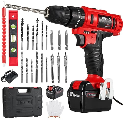 Teeno Schlagschrauber, kabellos, PSR 21 V + 2 Geschwindigkeitsstufen + 2 Lithium-Akkus + 20 Zubehörteile + professionelle Handschuhe