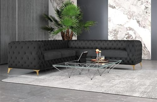 Samtsofa Cordoba in Chesterfield Optik Ecksofa mit Bezug aus Samt Sofa Sun Velvet (Schwarz, Füße Gold)