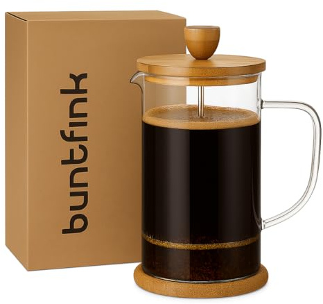 Buntfink French Press 1 Liter Glas – Kaffeebereiter mit Edelstahl-Filter & Bambus-Deckel – mit je 2 Kork-Untersetzer & Ersatz-Siebfilter – Kaffeepresse für Kaffee & Tee – spülmaschinenfest, BPA-frei