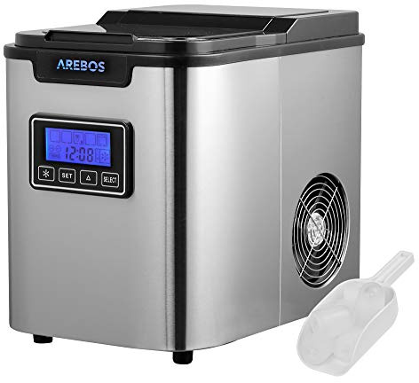 Arebos Eiswürfelmaschine | Ice Cube Maker | 12 kg / 24 h | 2,2 L Wassertank | 10-15 Minuten Produktionszeit | 3 Eiswürfel-Größen | Eiswürfelbereiter | Timer & LCD Display | Selbstreinigungsfunktion