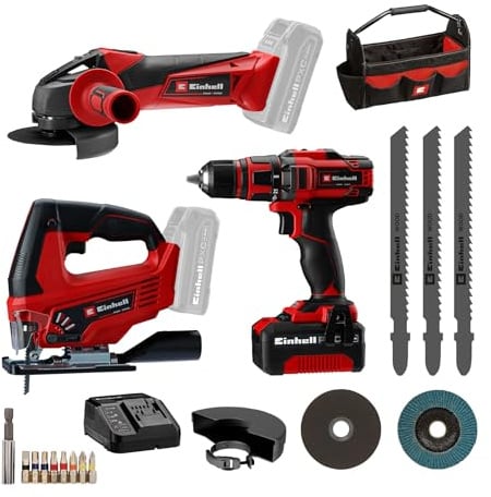 Einhell Bohrschrauber TE-CD 18/40 + Winkelschleifer TC-AG 18/115 + Stichsäge JS 18 Li Power X-Change (18 V, inkl. 1 x 4,0 Ah Akku, Ladegerät, Etui)