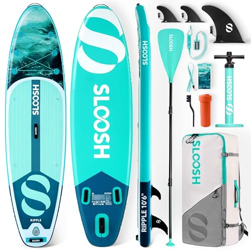 SLOOSH Aufblasbares Stand-Up-Paddle-Board, 10'6 Paddleboard mit Premium-Zubehör, rutschfestes Deck, ultraleichte Tragetasche und Pumpe, Ripple SUP für Jugendliche & Erwachsene, Neblige Brise
