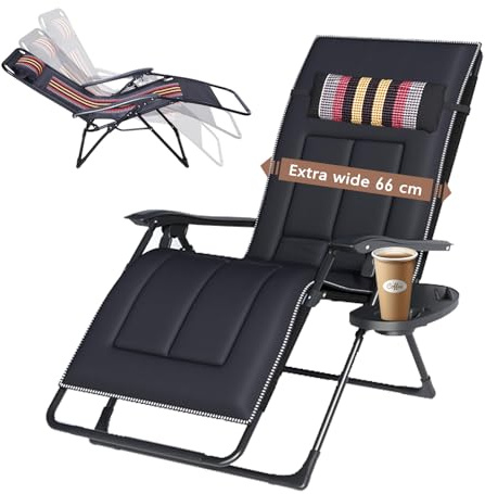 FUOIDYE Sonnenliege Klappbar, Liegestuhl Klappbar, Extra Breit Relaxliege Garten mit Abnehmbarer KopfstüTze GeträNkehalter, Klappliegestuhl mit Kissen für Patio Outdoor Balkon (Schwarze Streifen)