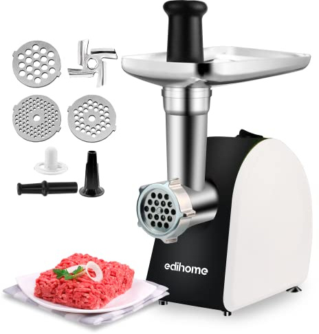 Edihome, Fleischwolf Elektrisch, mit Wurstfüller, Multifunktionell mit 3 Schneidplatten (Schwarz/Weiß)