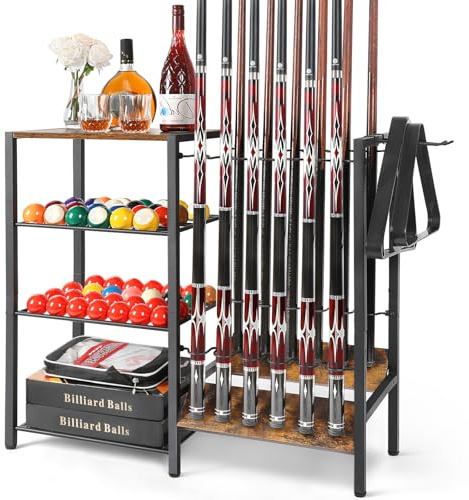 Bikoney Billard Queue Halter für 12 Stöcken, Ständer Poolqueues mit Ballaufbewahrung, Großer Organizer für Billardzubehör, Queue-Halter für Spielzimmer, Billard-Ausrüstungsständer