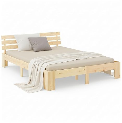 Homestyle4u Holzbett 160x200 cm Natur Doppelbett mit Lattenrost Massiv aus Kiefer Bett Naturholzbett, Robust und Modern | Artikel 1838