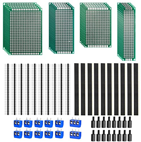 Doppelseitiges Steckbrett Set – 68 Stk mit Lochrasterplatine | 68 Stk Set: 20 Lochrasterplatine, 20 Männliche Weibliche Platinen, 40-polige Stiftleiste, 12 Schraubklemmen, 16 Nylonsäulen