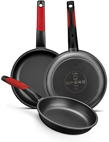 BRA Premiere | Set mit 3 Bratpfannen aus antihaftbeschichtetem Aluminiumguss, geeignet für alle Herdarten, einschließlich Induktion, Schwarz mit rotem Silikon, 18|22|26 cm
