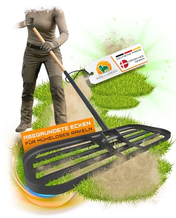 Rasenrakel mit runden Ecken von WISEandGREEN | 80x30cm | Kein Verkanten – Schonende perfekte Rasenpflege aus hochwertigem rostfreien Edelstahl Nivellierrechen, Premium Gartengerät mit Stiel