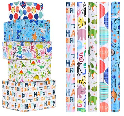 CHEPULA Geschenkpapier Geburtstag Kinder 5 Rollen, 43 x 300 cm Geschenkpapierrollen Junge, Recycelbar Geschenk Papier Birthday Gift Wrapping Paper für alle Geburtstagsanlässe