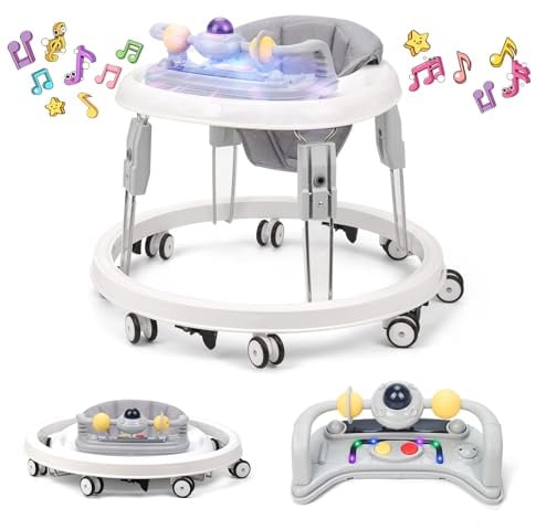 Lauflernhilfe mit Musik und Lichtern, Faltbare Lauflernwagen mit Aktivitätscenter, 7-Gang Höhenverstellung, Anti-Collision Design, Abnehmbarer Platte, Baby Walker von 6-18 Monaten (Grau)