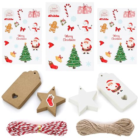 Nordstern Geschenkanhänger Weihnachten 100er Pack mit Aufkleber und Schnur - Kraftpapier Anhänger Etiketten zum Beschriften für Weihnachtstüten und Geschenke