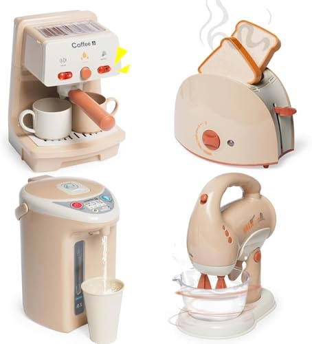 Nukdey Kinderküche Spielset- Küche Rollenspiel Set mit Kaffeemaschine:Espressomaschine Wasserspender Rührgerät, Toaste: Geschirr Küchen Frühstücksset Frühstücksset für Kinder 3+