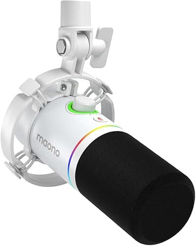 MAONO XLR/USB Dynamisches Mikrofon Set, RGB Podcast Mikrofon, Software, Stummschalttaste, Gain-Regler, für PC Gaming, Streaming, Aufnahme, PS4/5 Mac Mixer usw PD200X Weiß