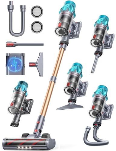 Fieety Akku Staubsauger Kabellos, 50kPa/600W Starkes Saugen, 65Min, 1.6L Beutellos - 8-in-1 Mit Anti-Haar-Wickel, Sofabürste & Ladestation, Ideal für Tierhaare, Teppiche, Hartböden, Auto