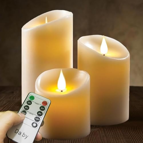 Da by 3 Stück Elfenbein Paraffin LED Kerzen, Realistische Schwingflamme, Batteriebetriebene Kerzen mit Fernbedienung, Sanfte Lichtabgabe, Wiederverwendbar für Wohn- und Festdekoration