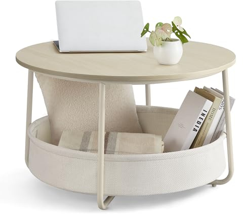 VASAGLE Couchtisch rund, Tisch mit Stauraum, Beistelltisch, Wohnzimmertisch mit Korb aus Stoff, modern, Metallrahmen, naturbeige-cremeweiß LCT244K01