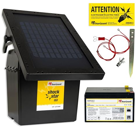 horizont Weidezaungerät Solar 9 V / 12 V - shockstar S70 inklusive 10 W Solarpanel und 12 Ah Akku - für Zaunlängen bis zu 12 km, 11.500 V maximale Spannung - mit 3 stufiger LED-Anzeige