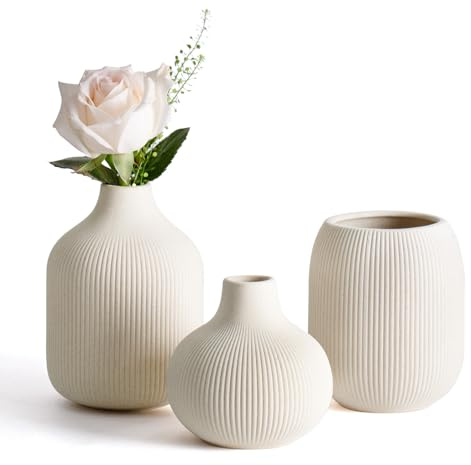 Dnnnii Kleines Keramikvasen-Set 3-TLG Beige - Minimalistische Vasen mit Rillendesign, kompakte Übergangsdekoration für Wohnzimmer, Schlafzimmer, Büro (3-TLG Beige Keramikset)