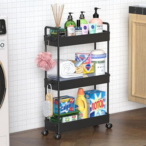 SOLEJAZZ Rollwagen, Küchenwagen mit 3 Ebenen, Schmale Rollwagen Nischenregal auf Rollen für Küche, Bad, Waschküche, Schlafzimmer, schmale Plätze, Kunststoff,mit Griffen, 13 x 40 x 61 cm,Schwarz