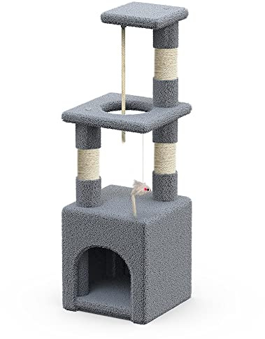 VOUNOT Kratzbaum Klein, Katzenbaum für Katzen, Stabil Katzenkratzbaum mit Plattform, Höhle, Sisal-Stämmen, Höhe 88 cm, Grau