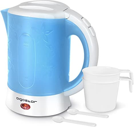 Aigostar Mini Reisewasserkocher Kompakt 0,6 Liter Kessel | Edelstahl-Innenraum Teekocher mit Kalkfilter, inklusive 2 Tassen und Löffel, leicht und BPA-frei für Hotel Urlaub Blau