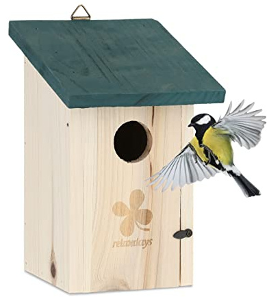 Relaxdays Nistkasten für Vögel, 35mm Einflugloch, aufklappbar, Meisen & Sperlinge, Vogelhaus zum Aufhängen, Natur-grün