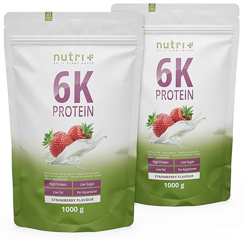 Nutri + Eiweißpulver Erdbeere 2 kg - 6K-Proteinpulver mit Soja - Erbse - Mandel - Sonnenblume - ohne Zuckerzusatz - Eiweißshake Erdbeer 2000 g