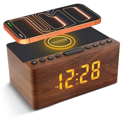 ANJANK Holz Digitaler Radiowecker mit Kabelloser Ladestation, Qi Fast Wireless Charger for iPhone/Samsung Galaxy,LED Display mit 5-stufiger Dimmer,9 Alarmtöne,USB Ladeanschluss,Uhrenradio,ohne Ticken