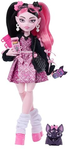 Monster High Draculaura Puppe mit Fledermaus-Haustier | Vampir im rosa Kleid und schwarzem Cardigan, Haustier-Fledermaus und 7 Accessoires wie Ramen, Lippenstift, JHK29