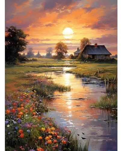 Fountor Sonnenuntergang Diamond Painting Erwachsene, DIY 5d Diamond Painting Bilder Landschaft 30x40cm, Landscape Round Full Drill Diamond Art Craft Kit für Home Wall Decor Geschenk