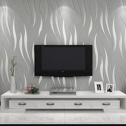 International Wallpaper Moderne, minimalistische Vliestapete mit Wasserpflanzen-Muster, 3D-Wellen, geprägte Tapetenrolle, 0,53 m x 10 m = 5,3 m², QZ0149, silberfarben und Grau