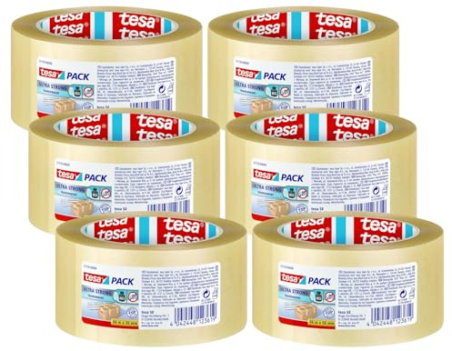 tesa tesapack Ultra Strong Packband - 66 m x 50 mm - transparent - 6 Rollen | Extra starkes PVC-Paketklebeband - reißfestes Paketband für schwere Pakete - Klebeband für geräuscharmes Abrollen