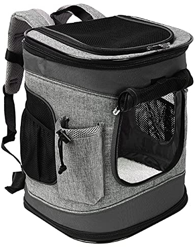Katzenrucksack Hunderucksack bis 6.8KG, Faltbare Haustier Tragetasche mit Innerer Sicherheitsleine und Matte für Katzen und Hunde, Schwarz
