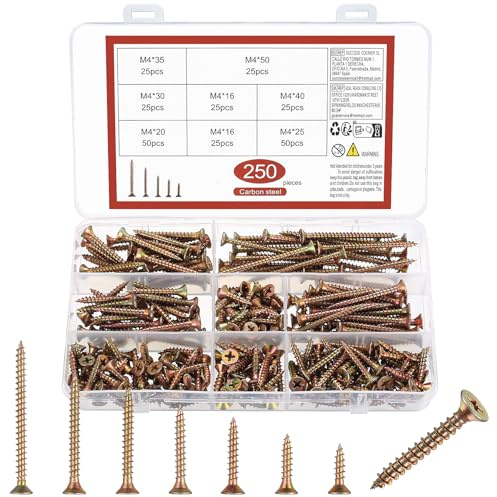 250 Stück M4 Schrauben Set, selbstschneidende Schrauben Set, Trockenbauschrauben, Flachkopf Kreuzschlitzschrauben, Spanplattenschrauben, selbstbohrende Schnellbauschrauben Sortiment