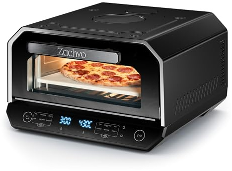 ZACHVO Pizzaofen Elektrisch - bis 450℃, 90 Sekunden Pizza, 6 Pizza- & 6 Kochmodi, Profi-Koch-Funktion, Doppelte Heizelemente, Pizzaschaufel & Pizzastein & Backblech