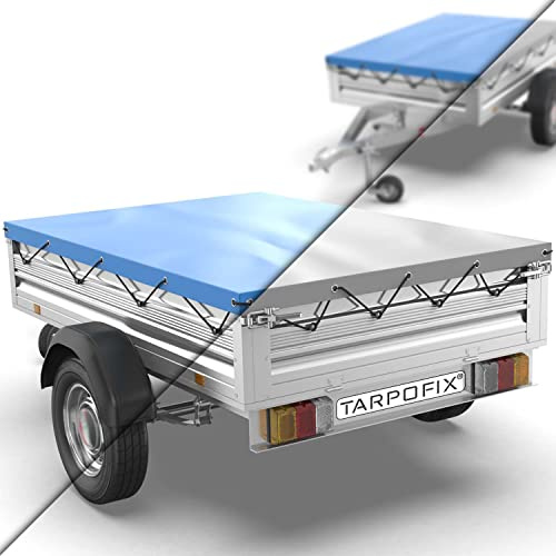 Tarpofix® Anhänger Plane 207 x 114 cm inkl. Planenseil | Anhängerplane Flachplane aus PVC PLANENMATERIAL | Verstärkte Stema Hänger Abdeckplane für 750kg PKW Autoanhänger | Abdeckung Blau