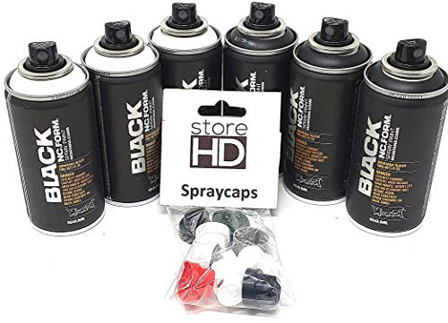 Montana Black Pocket Sprühdosen Set Black & White, 3x Schwarz + 3x Weiß + 10 Ersatzsprühköpfe - 6 x 150ml