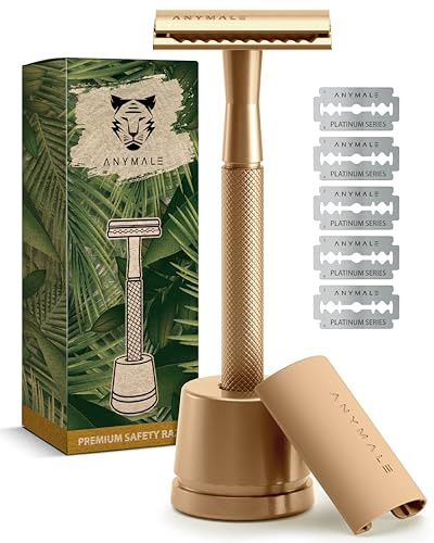 ANYMALE® Rasierhobel Damen (Gold Edition) inkl. 5 x Ersatzklingen-Set & Ständer - Nassrasierer & Frauen Rasierer (Zero Waste) Metall mit 5 Klingen - Damenrasierer & Klingenrasierer, Safety Razor