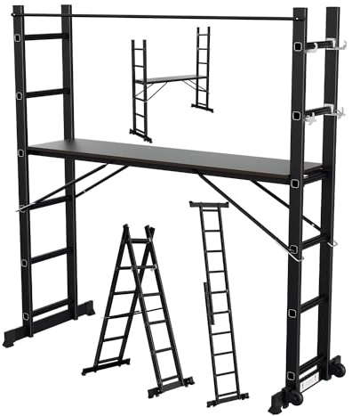 Gimisgu Gerüst, 4 in 1 Alu Multifunktionsleiter 6+6 Stufen, Mobile Mehrzweckleiter mit Plattform und 2 Räder, Arbeitsgerüst, Arbeitsbühne, Belastbar bis max. 150 Kg, Schwarz