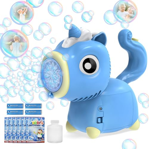 Seifenblasenmaschine, Einhorn Seifenblasenmaschine für Kinder, Seifenblasenpistole mit 6 Seifenblasen Flüssigkeit, Regenbogen Seifenblas Spielzeug mit Licht Kinder/Geburtstag/Party/Hochzeit, Blau