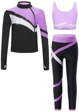 RUNQHUI Mädchen Sportanzug aus Sweatshirt +Sport Bh +Sport Leggings Sporthose Trainingsanzug Kinder Jogginganzug Gym Fitness Workout Helles Lila 122-128