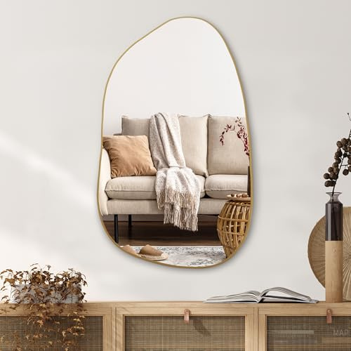 PERFNIQUE Asymmetrischer Spiegel 85 x 52 cm, Goldene Unregelmäßiger Wandspiegel, Modernes Dekorativ für Wohnzimmer, Badezimmer, Schlafzimmer, Eingangsbereich