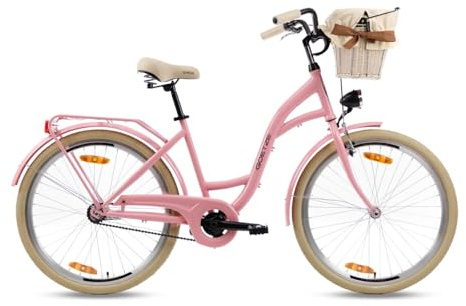 Goetze Style 26 Zoll Damen Citybike, 17 Zoll Tiefeinsteiger Rahmen, 1-Gang Rücktrittbremse, V-Bremse vorne, LED-Beleuchtung, Gepäckträger, Rattankorb, Komfortsattel, mit Ständer & Klingel